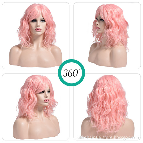 Wholesale Heat Resistant Brown Vine Purple Pink Black Silky Curly Wig For Women Synthetic Short Water Wavy Wigs With Bangs